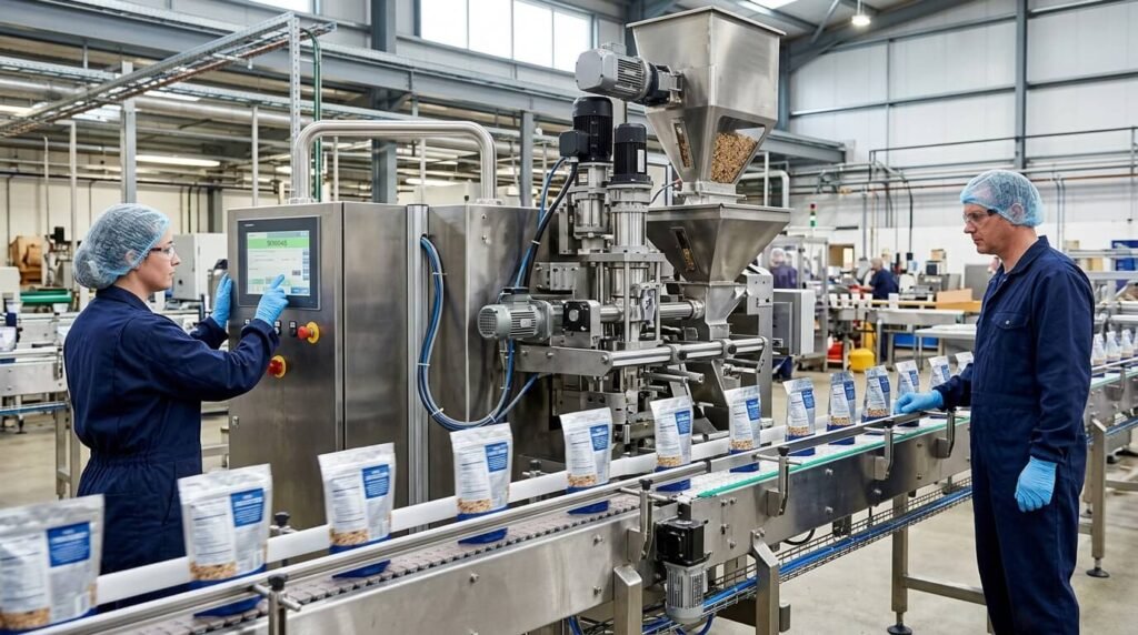 Industrial steam boiler with piping, feedwater equipment, and controls inside a manufacturing plant