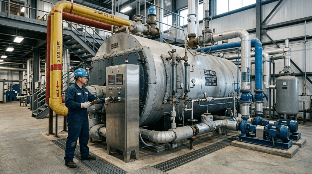 Industrial steam boiler with piping, feedwater equipment, and controls inside a manufacturing plant