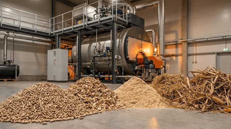 Different biomass fuel types including wood pellets, wood chips, sawdust, and agricultural residues, sabi energy