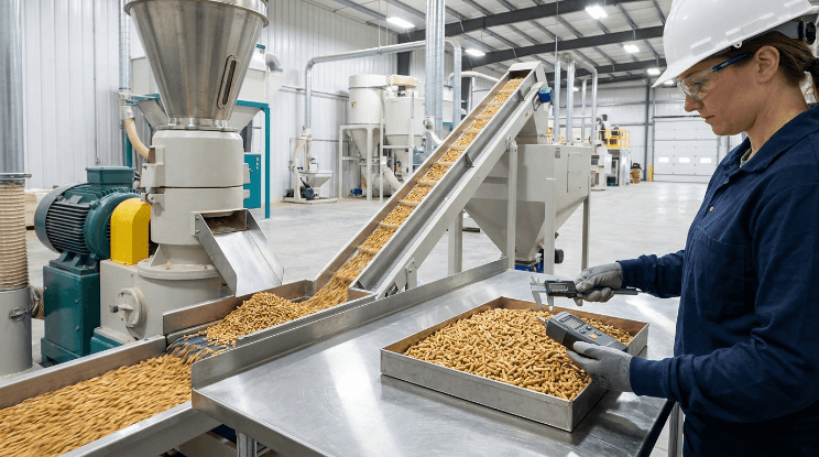 Quality inspection of uniform wood pellets in an efficient biomass production facility, sabi energy