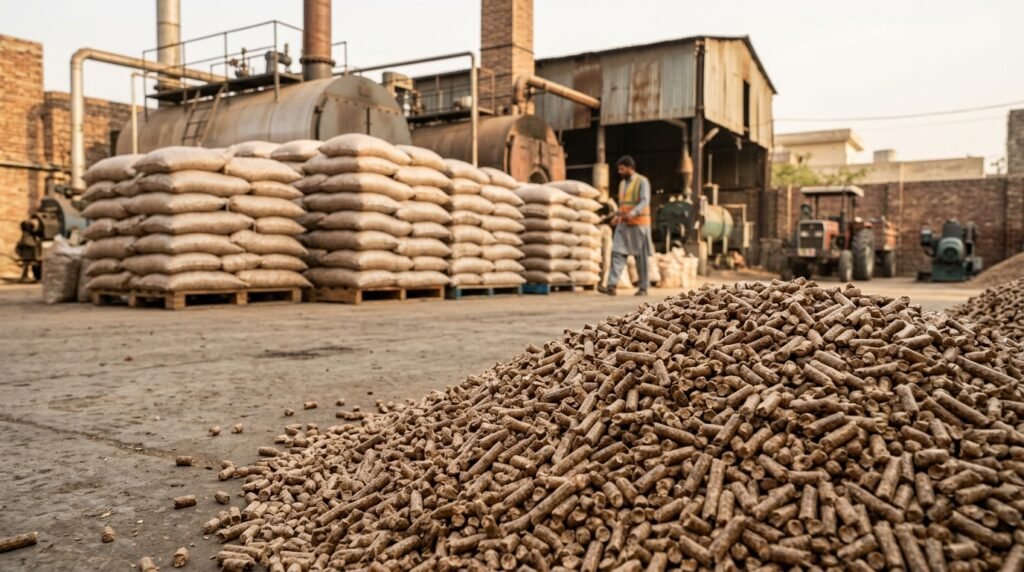 Wood pellets used as biomass fuel for industrial heating in Pakistan