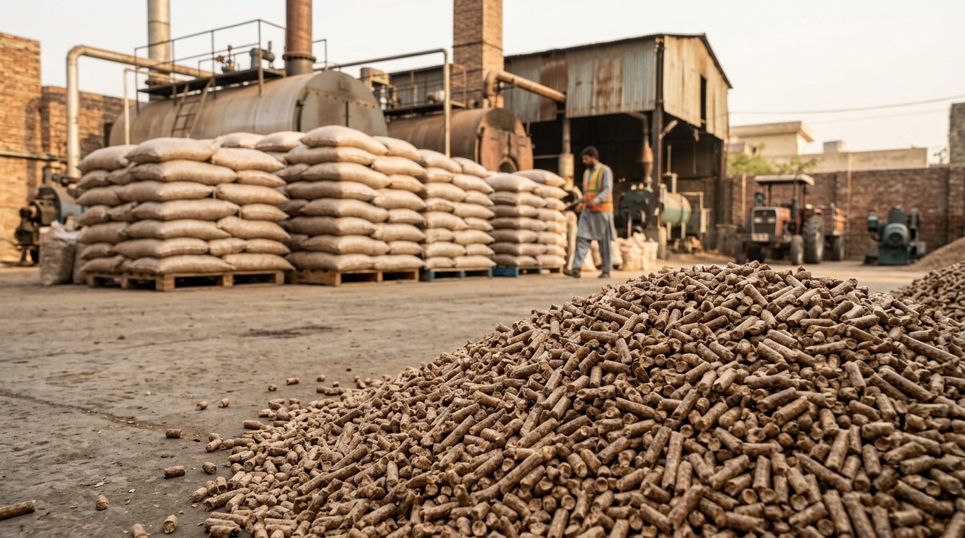 Wood pellets used as biomass fuel for industrial heating in Pakistan
