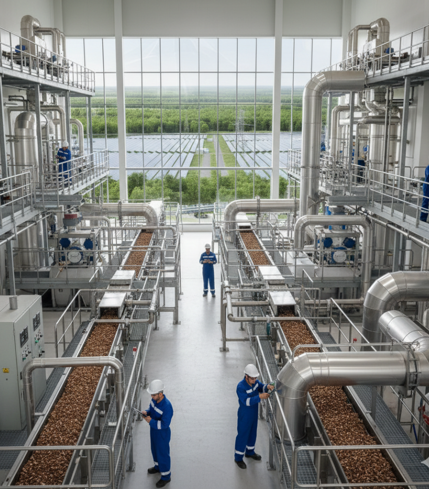 Industrial biomass plant with operational machinery and engineers inspecting equipment, representing Sabi Energy’s eco-friendly bioenergy solutions and advanced technology.